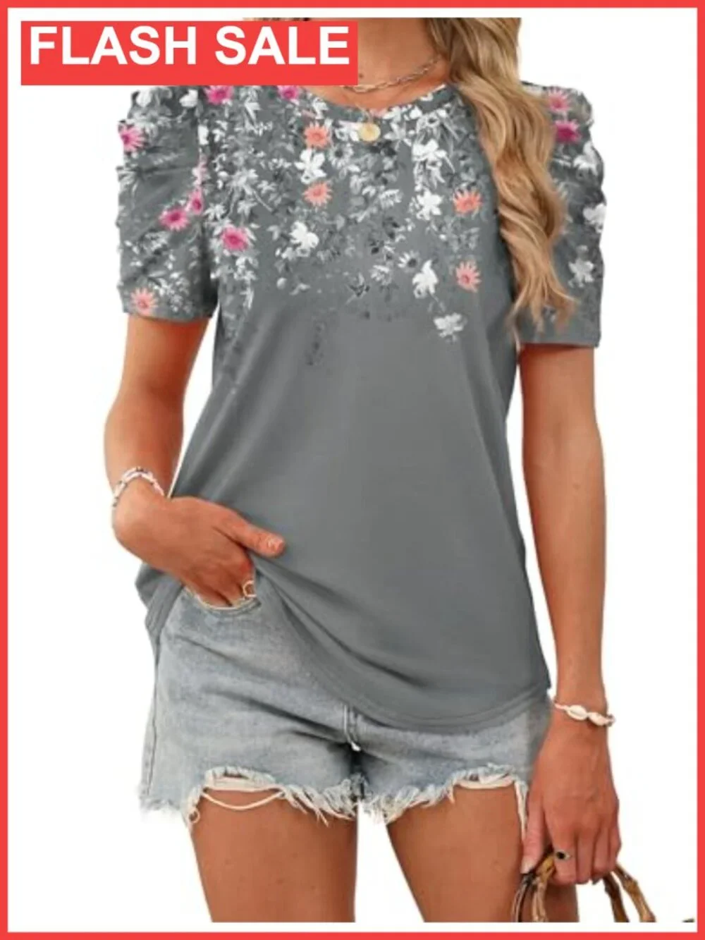 Womens Puff Sleeve Crewneck T Shirt Blouse Casual Summer Top
